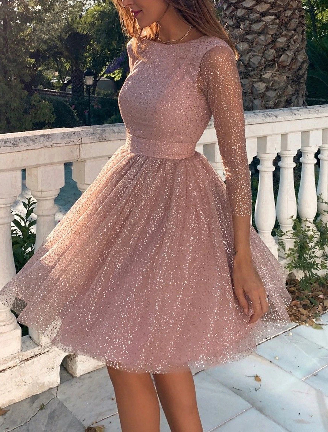 Wholesale A-Line Glittering Cute Homecoming Cocktail Party Dress Dress Jewel Neck 3/4 Length Sleeve Knee Length Tulle with Pleats Sequin